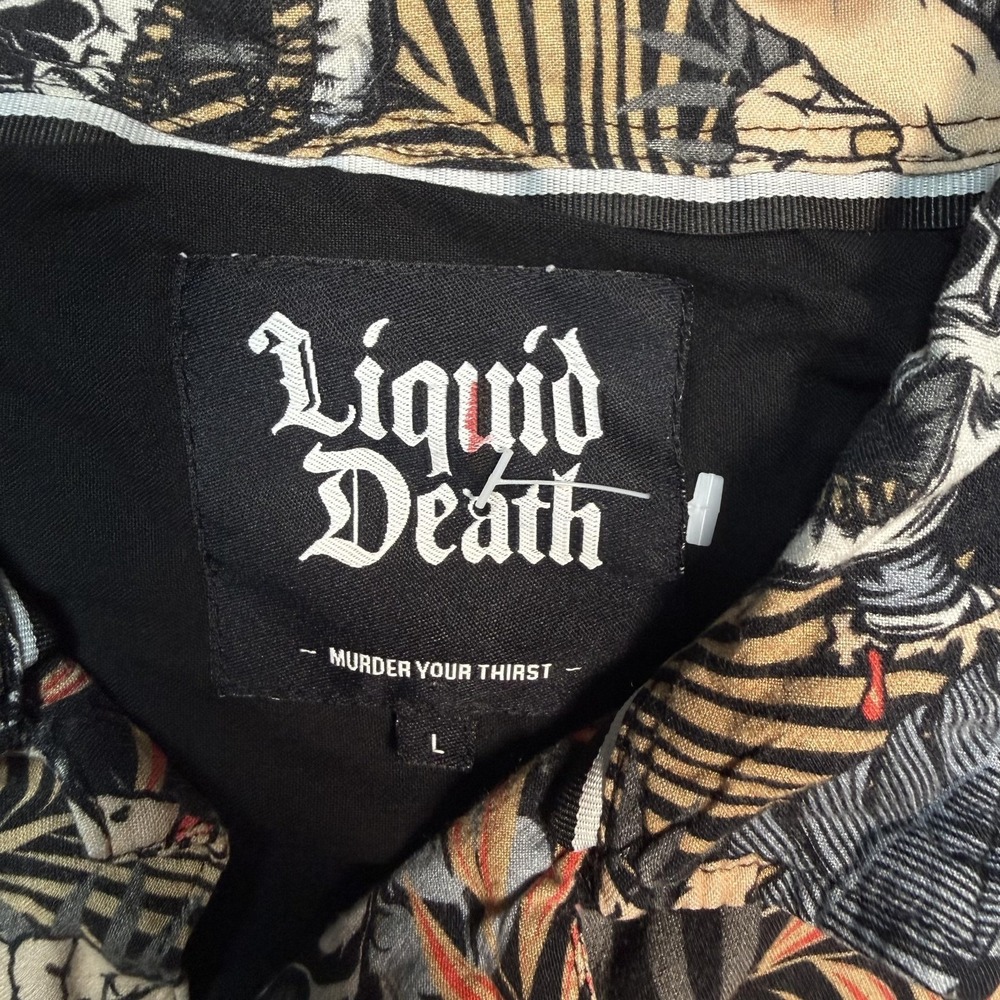 Liquid Death Shirt Mens Large Black Skull Hawaiian Aloha‎ Button Front Tropical - Picture 5 of 8